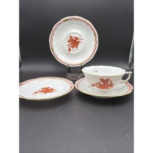 Herend Apponyi Orange Chinese Bouquet 4pc Teacup & Saucers Porcelain Hungary